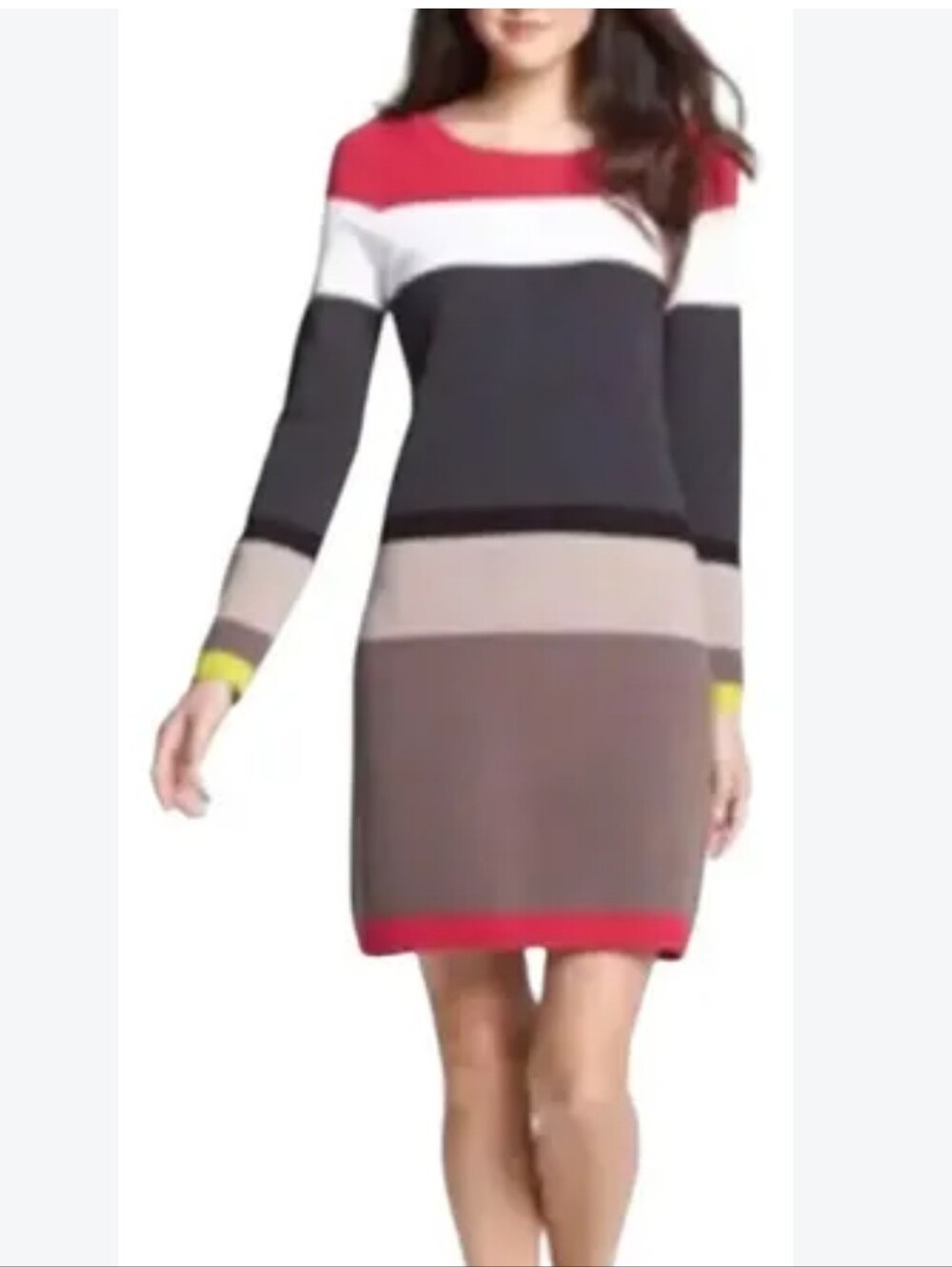 Eliza J. Striped Knit Sweater Dress in Red, Black and Taupe. Preppy.Contemporary